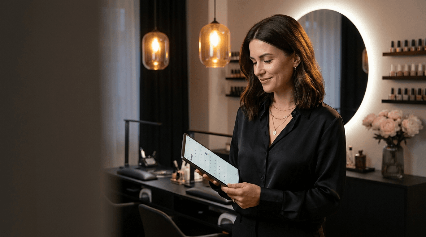 Studio-Inhaberin mit Tablet in einem warm beleuchteten Nagelstudio