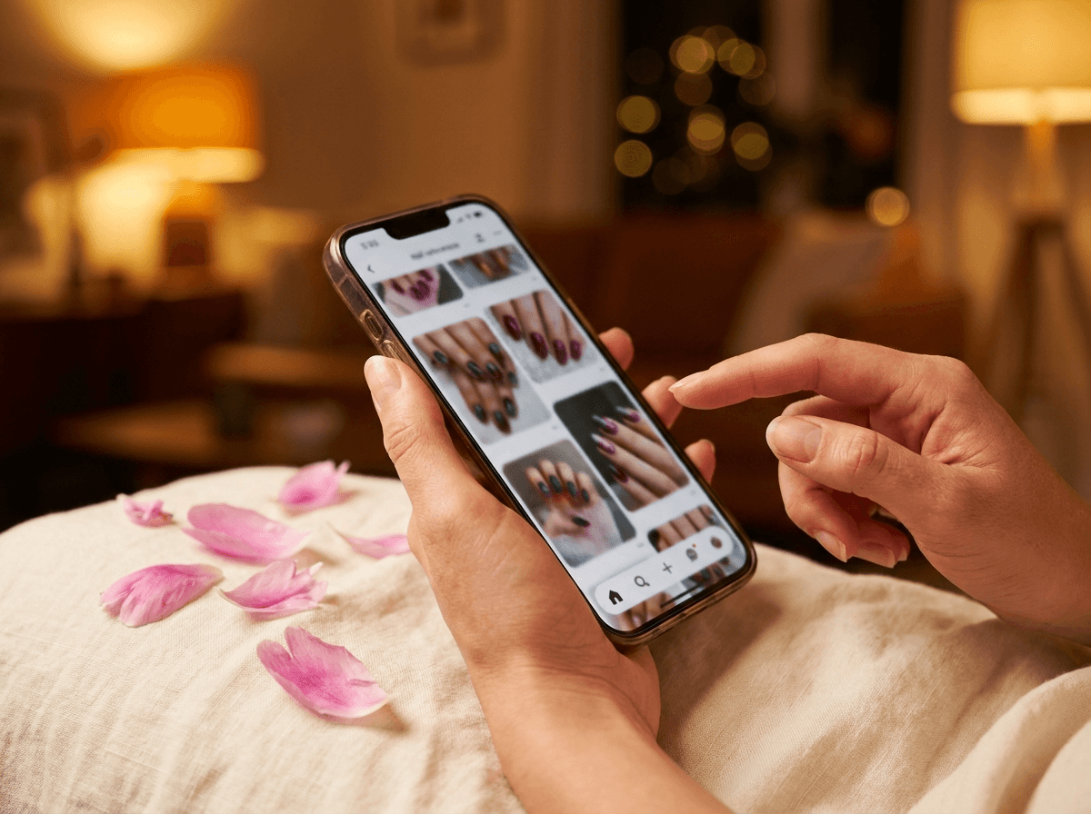 Kunde scrollt durch Nail-Inspirationen auf dem Smartphone