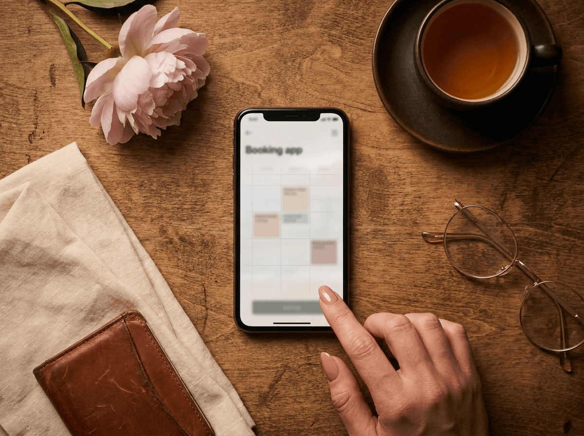 Smartphone mit digitalem Buchungskalender auf einem warmen Holztisch