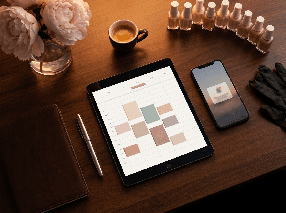 Organisierter Studio-Arbeitsplatz mit Kalender auf dem Tablet