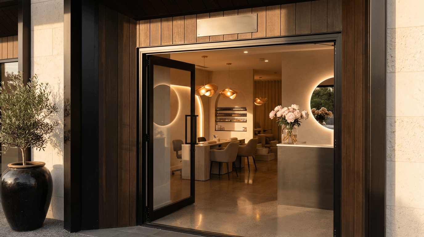 Einladender Nail Studio Eingang in warmer Abendsonne