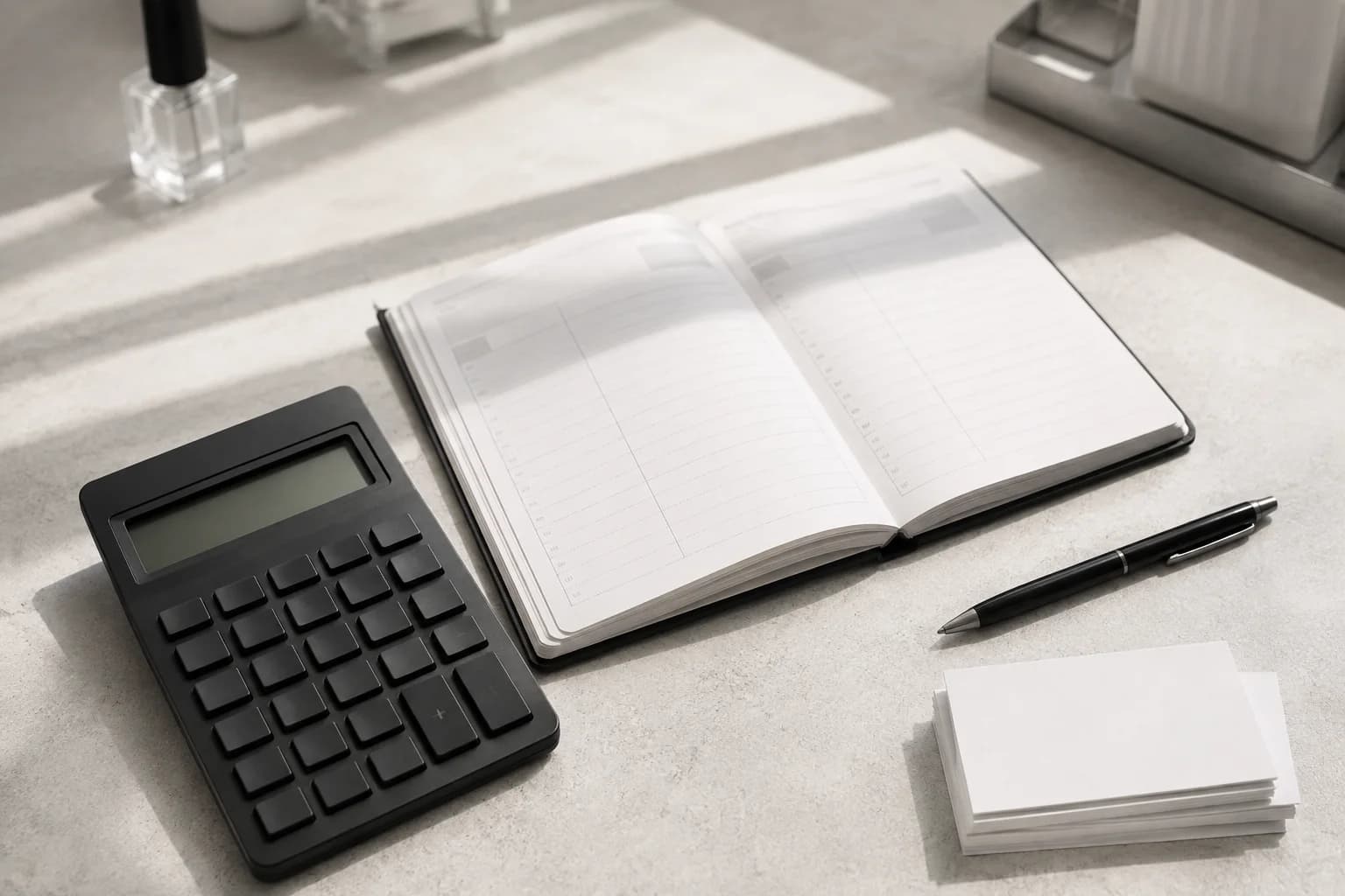 Taschenrechner, Terminplaner und Stift für die Studioorganisation