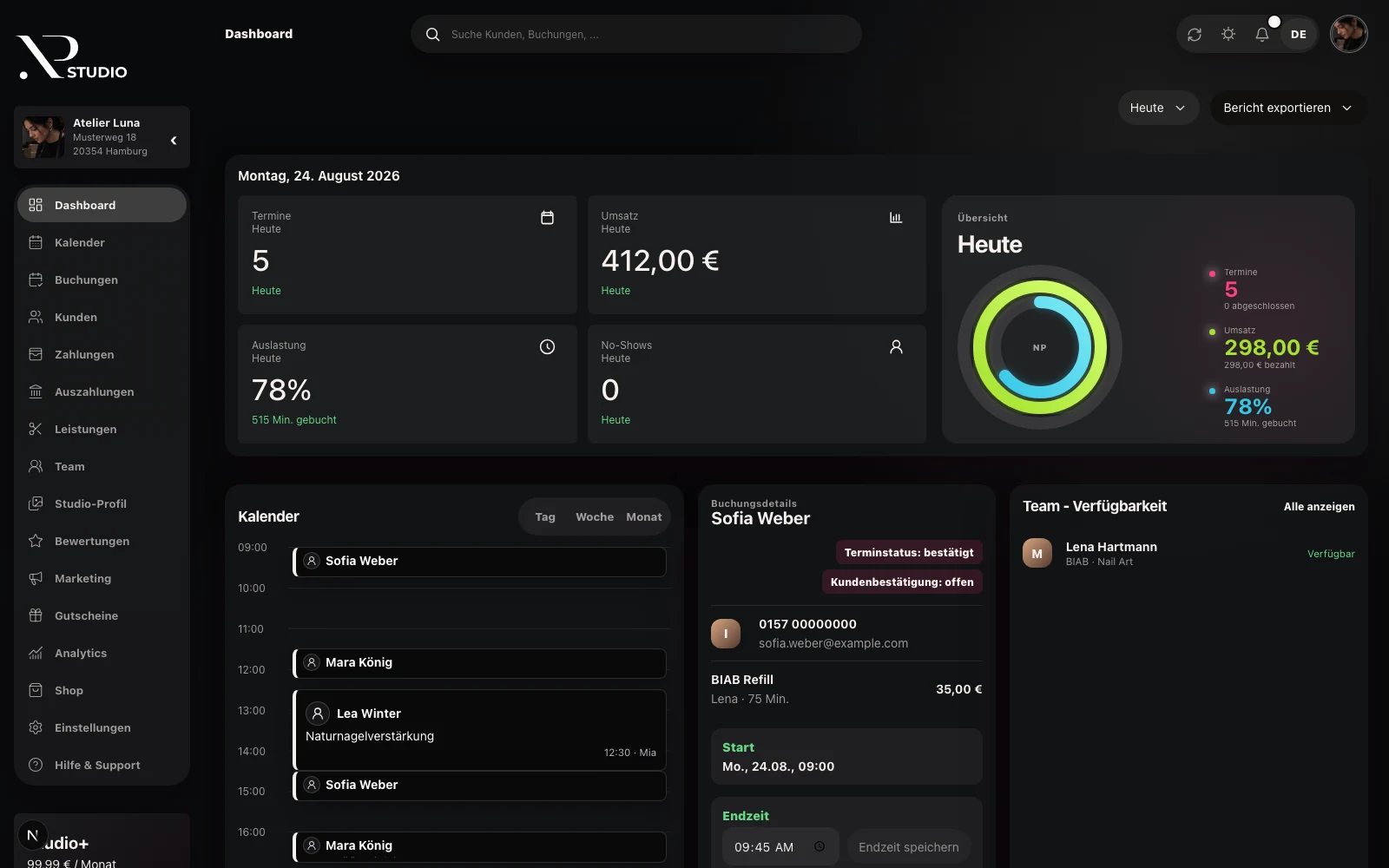 Das echte NaillyPro Studio Dashboard mit Profil, Tagesübersicht, Kennzahlen und Terminkalender